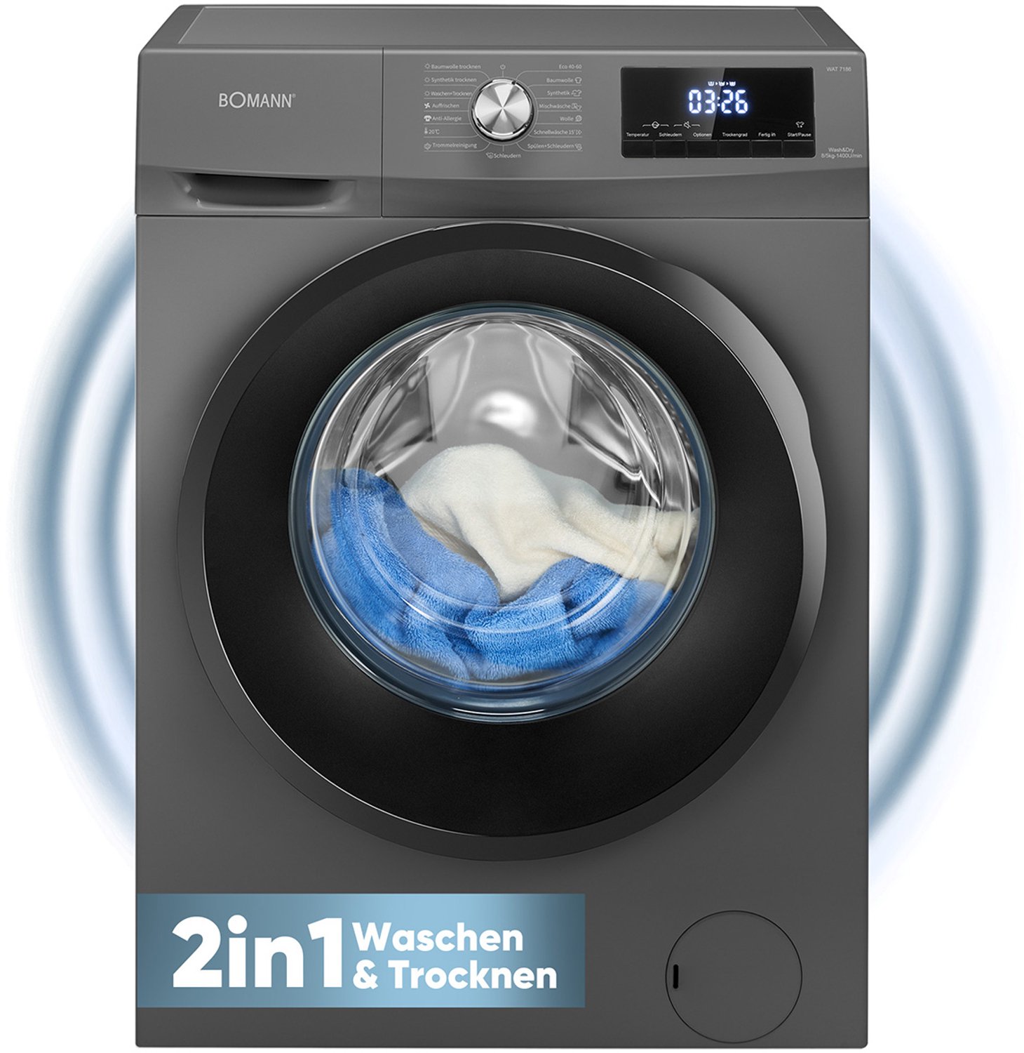 Bomann WAT 7186 Was-droogcombinatie - 8 kg Wassen - 5 kg Drogen - 1400 tpm - Inverter Motor – Stoomfunctie - Titan