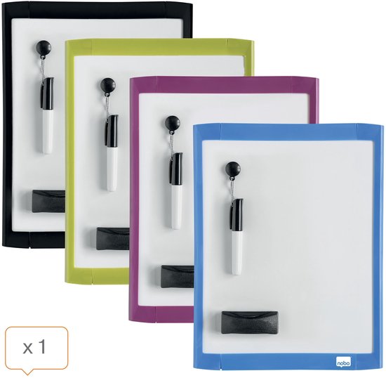 Vier Nobo mini whiteboards met magnetische frames in zwart, limegroen, paars en blauw. Elk whiteboard is 28 x 21,6 cm en wordt geleverd met een stift en gum.