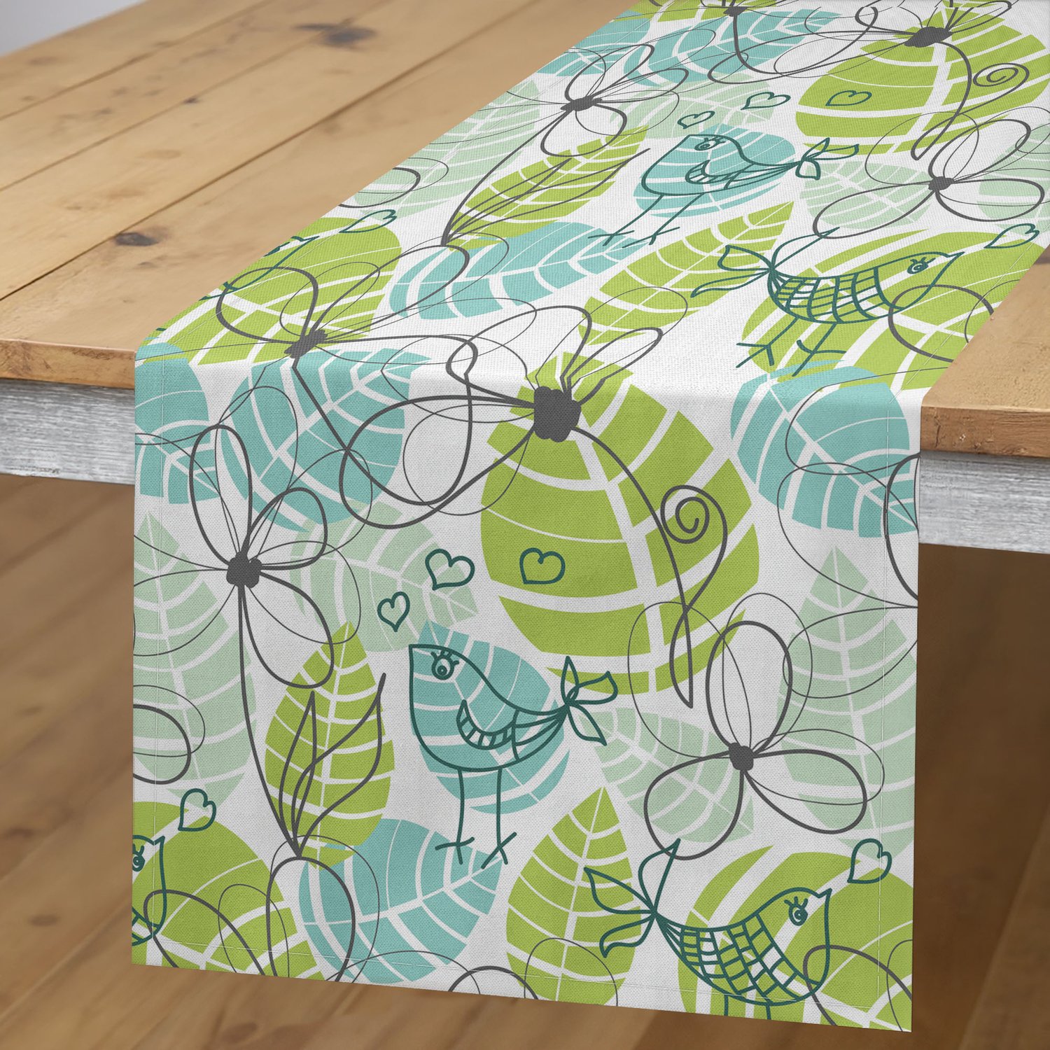 ABAKUHAUS Bloemen Tafelloper, Silhouetten van Bloemen en Tortelduifjes op Grote Bladeren Zachte Kleuren Grafische Print, Rechthoekige Tafelloper voor Eetkamer en Keuken, 40 x 225 cm, Wit Blauw Groen