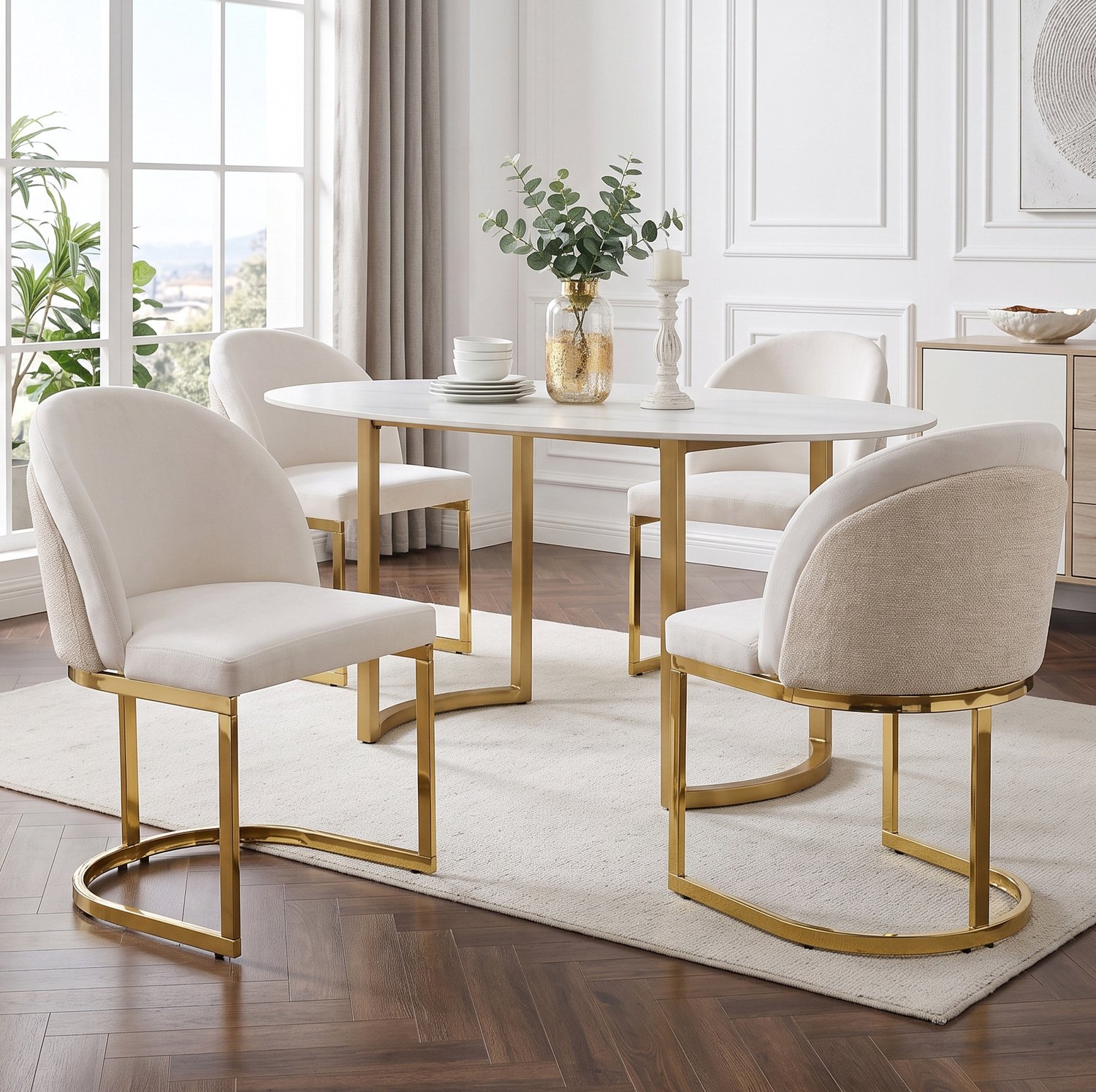 WUVRIE Set van 4 eetkamerstoelen 59x52x85 cm - Chenille bekleding en goudkleurige metalen poten - Beige