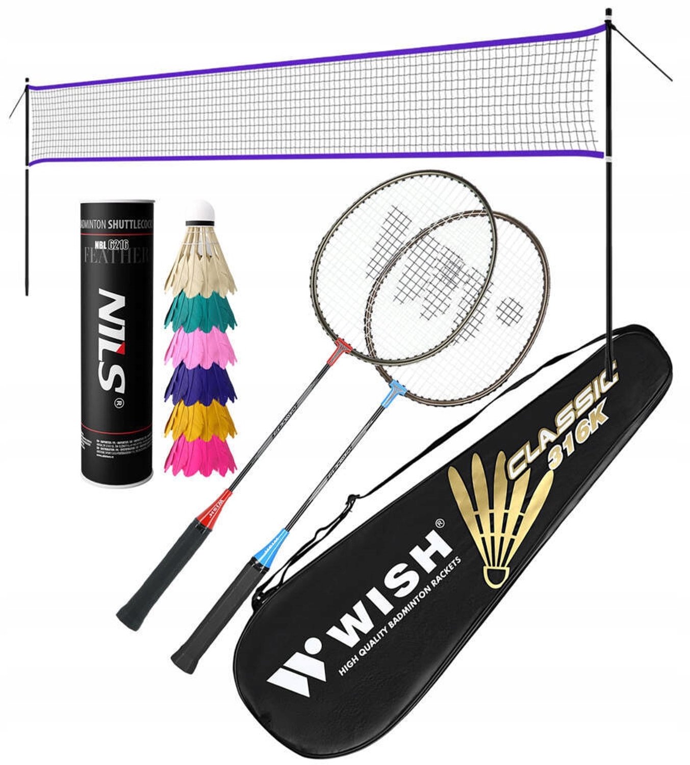Badminton Set: 2 Rackets, 6 Vederballen, 6.2m Net