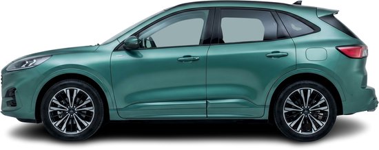 Groene Ford Kuga SUV in profiel met zwarte en zilverkleurige velgen.