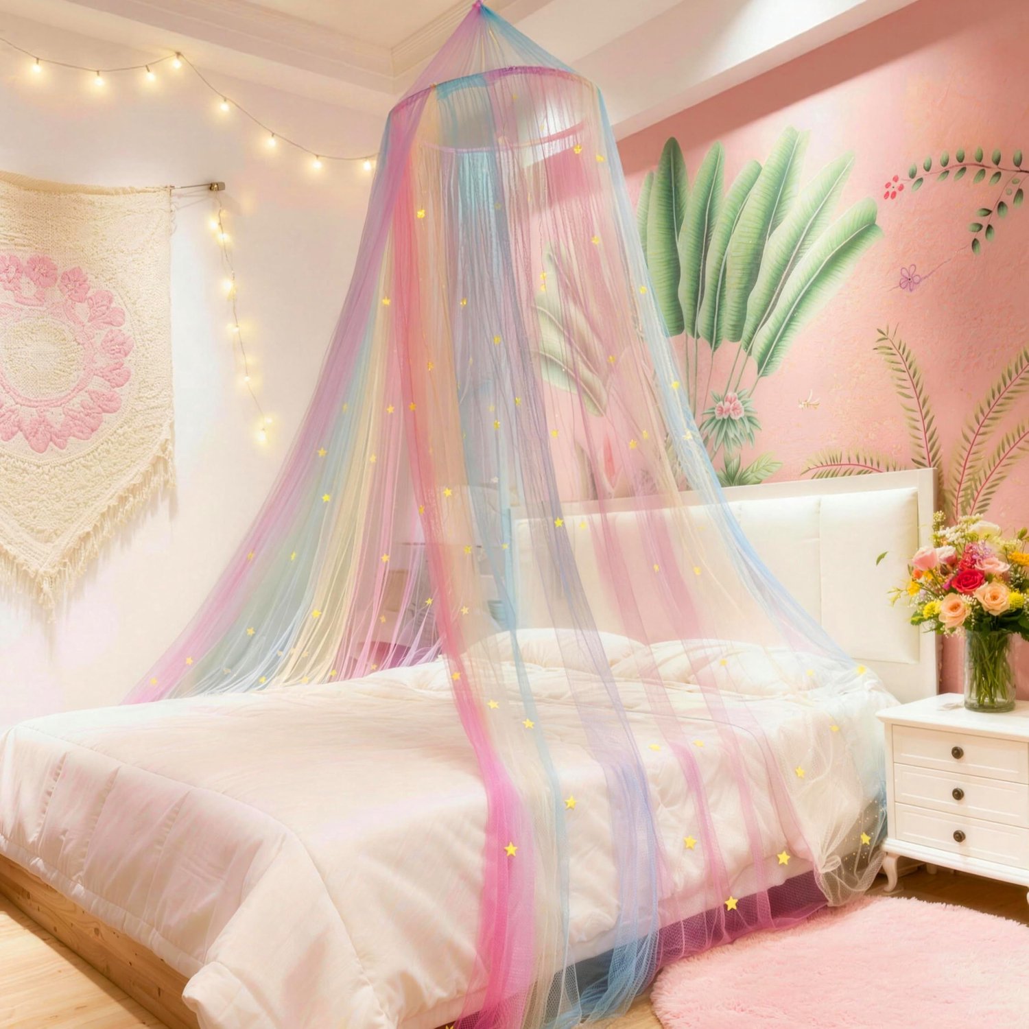 SnelShoppen - Princess Rainbow Bed Canopy met Sterren die in het Donker Glitteren, Bedgordijn voor Meisjes Kamer Decoratie of Eenhoorn Thema Feest