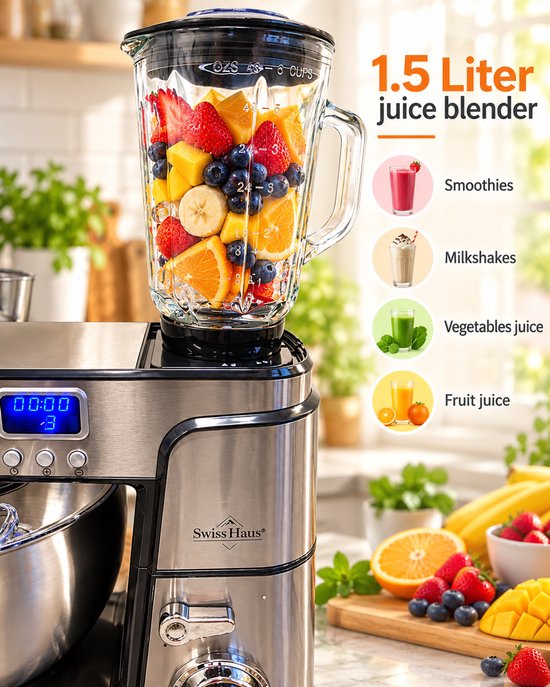 Swiss Haus® KM2207BG Keukenmachine - 1500W Keukenrobot - 7.0L RVS Mengkom - Met Blender 1.5L & Vleesmolen - Foodprocessor met Timer & LED Display - RVS van Merkloos — afbeelding 3