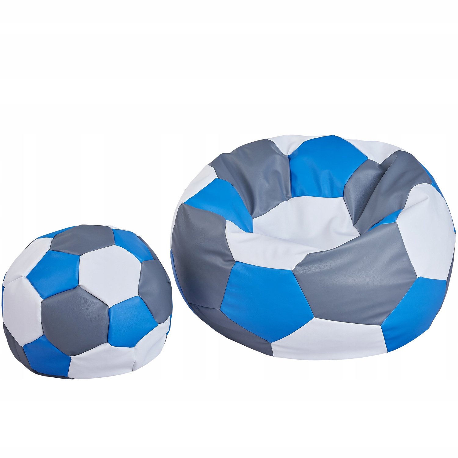 Cronen Voetbal Puf met Voetenbank - Eco-leer, Zwart/Wit/Blauw