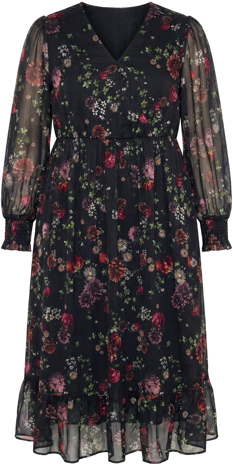 Ulla Popken - Dames - Maxi-jurk chiffon A-lijn V-hals lange mouwen - Zwart - Maat 54+