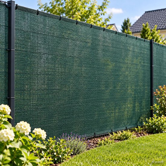 Groen schaduwnet bevestigd aan donkergrijze palen, langs een tuin.