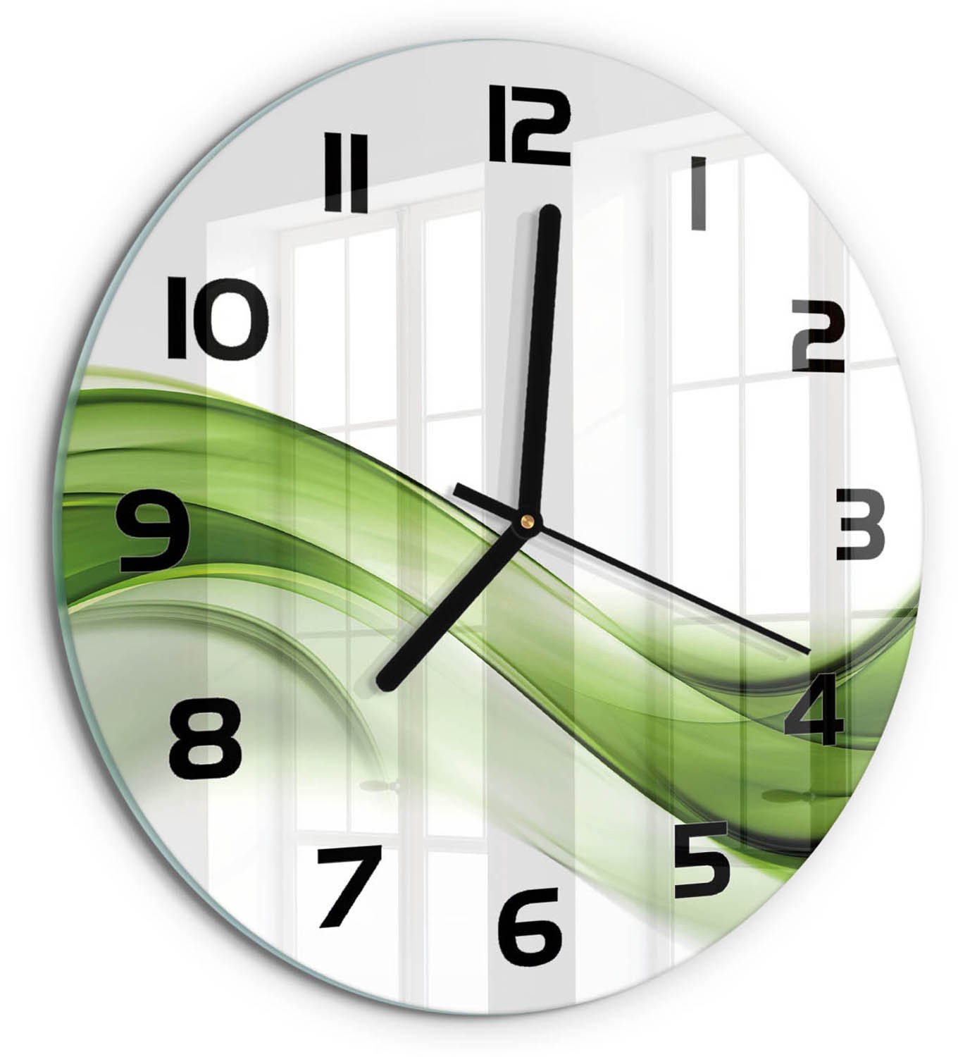 TULUP Wandklok - Groene golf Decoratieve Glazen Klok - fi30 cm - Groente Glazen Wandklok Design - Zwarte handen - Ronde Klok - Glazen Klok Met Print - Wandklok Glas Met Motief