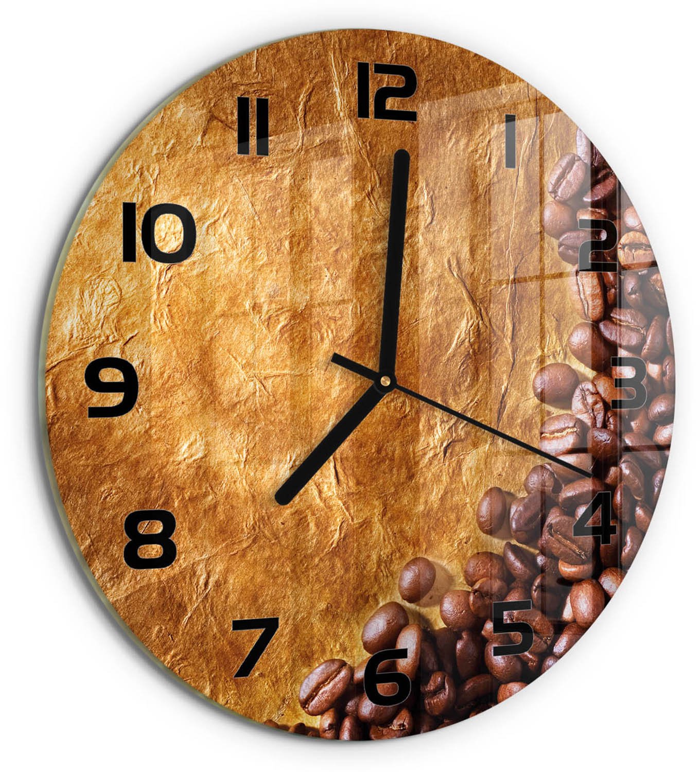 TULUP Wandklok - Koffiebonen Gekleurde Glazen Klok - fi30 cm - Bruin Glazen Klok Met Print - Zwarte handen - Ronde Klok - Moderne Wandklok Glas - Wandklok Glas Decoratie