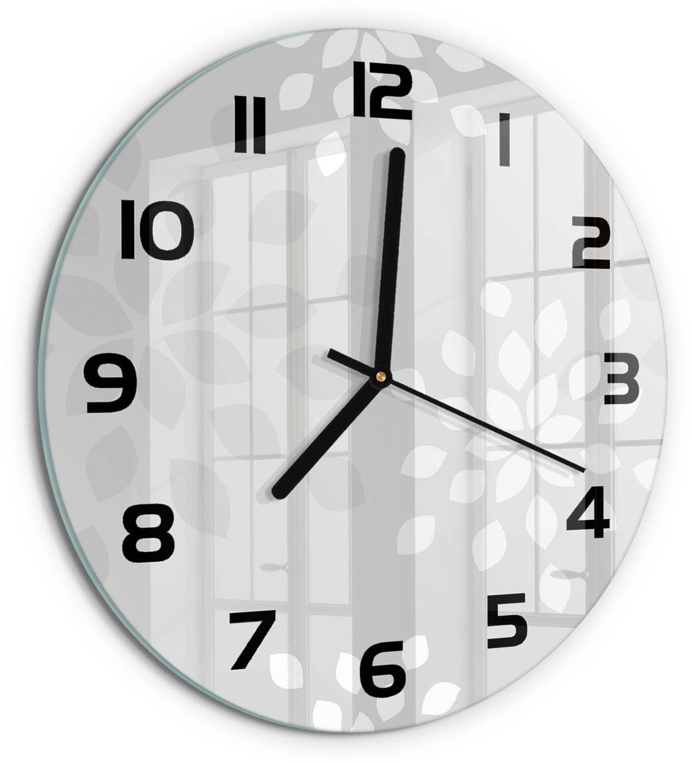 TULUP Wandklok - Bloemenpatroon Klok Glas Met Opdruk - fi30 cm - Grijs Moderne Wandklok Glas - Zwarte handen - Ronde Klok - Decoratieve Glazen Klok - Glazen Wandklok Design