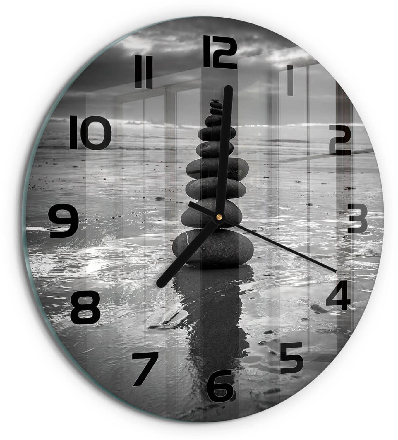 TULUP Wandklok - Balancerende stenen Glazen Klok Met Print - fi30 cm - Zwart-wit Wandklok Glas Met Motief - Zwarte handen - Ronde Klok - Wandklok Glas Decoratie - Gekleurde Glazen Klok