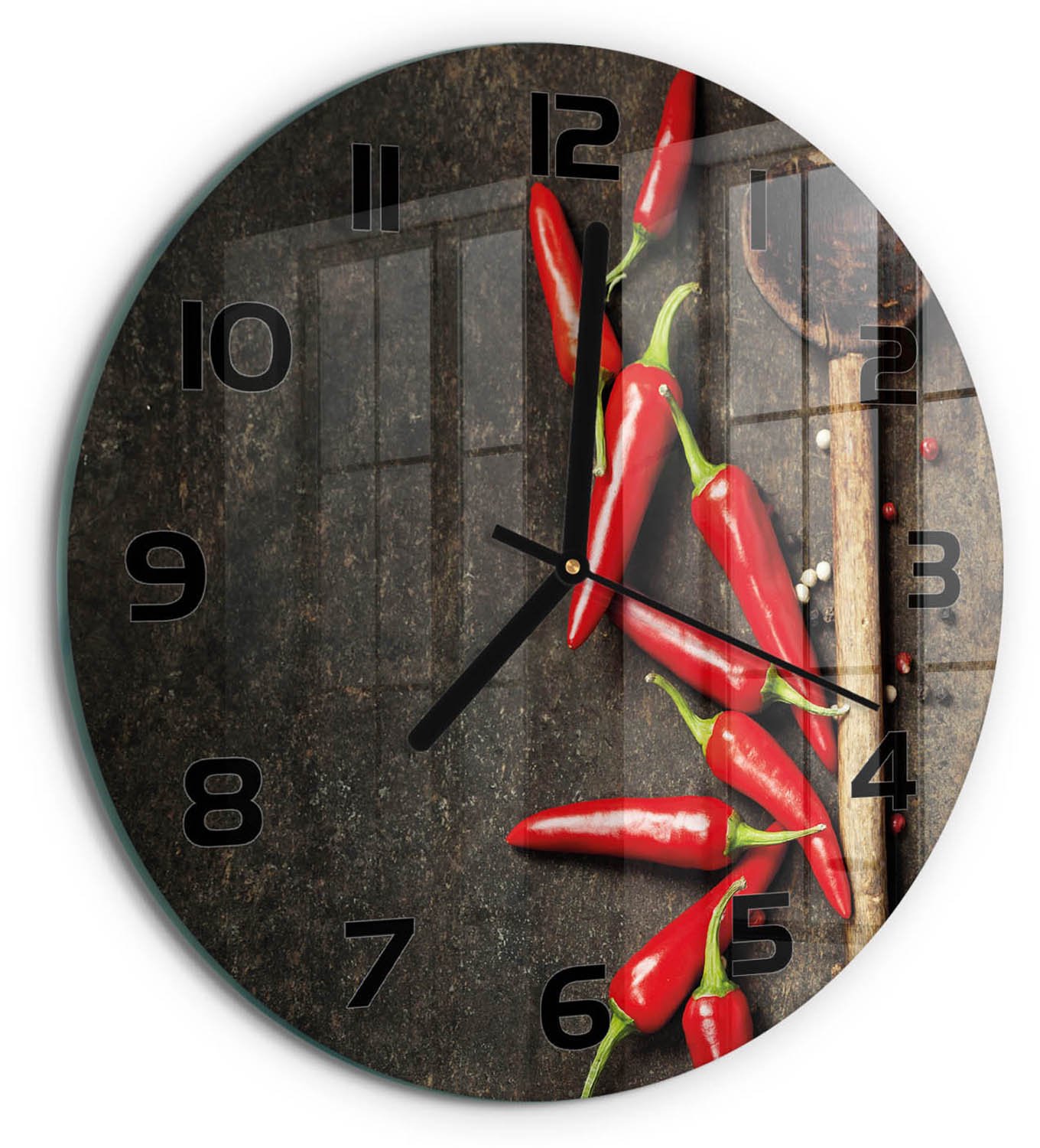 TULUP Wandklok - Chilipepers Glazen Klok Met Print - fi30 cm - Rood Wandklok Glas Met Motief - Zwarte handen - Ronde Klok - Wandklok Glas Decoratie - Gekleurde Glazen Klok