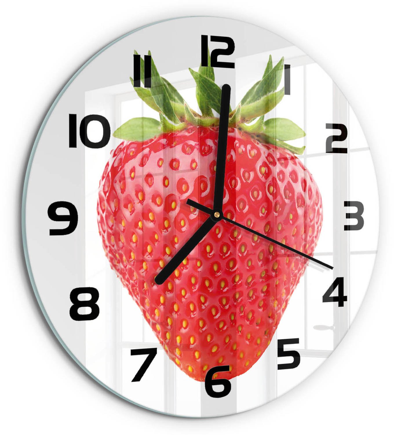 TULUP Wandklok - Aardbei Decoratieve Glazen Klok - fi30 cm - Rood Glazen Wandklok Design - Zwarte handen - Ronde Klok - Glazen Klok Met Print - Wandklok Glas Met Motief