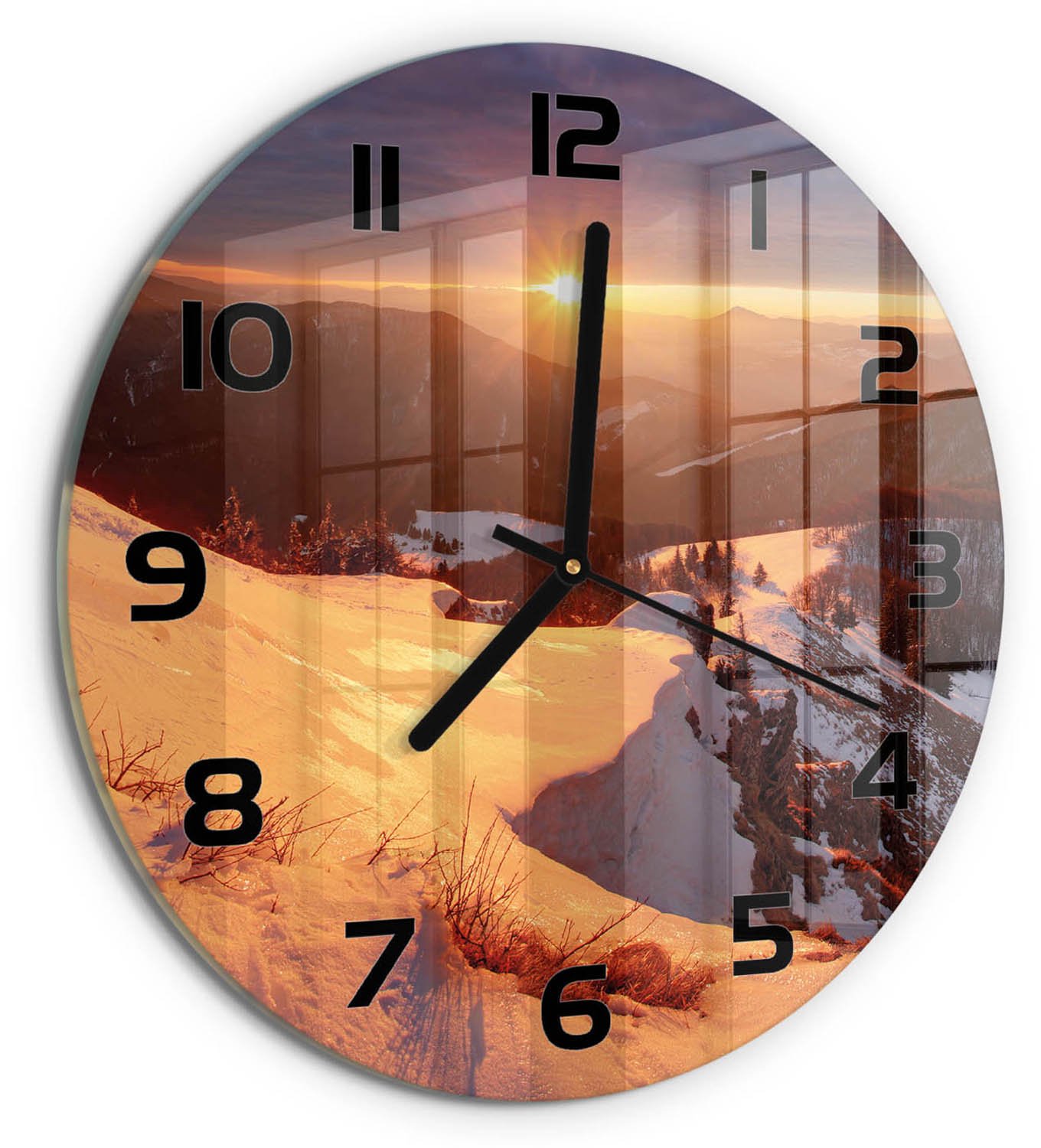 TULUP Wandklok - Winter in de bergen Klok Glas Met Opdruk - fi30 cm - Wit Moderne Wandklok Glas - Zwarte handen - Ronde Klok - Decoratieve Glazen Klok - Glazen Wandklok Design