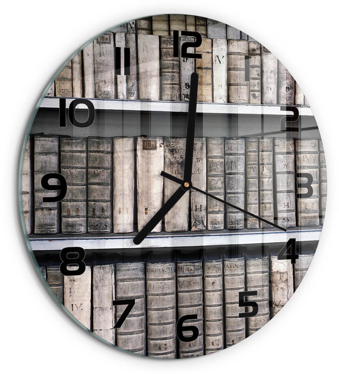 TULUP Wandklok - Boekenplank Wandklok Glas Met Motief - fi30 cm - Beige Decoratieve Glazen Klok - Zwarte handen - Ronde Klok - Gekleurde Glazen Klok - Glazen Klok Met Print