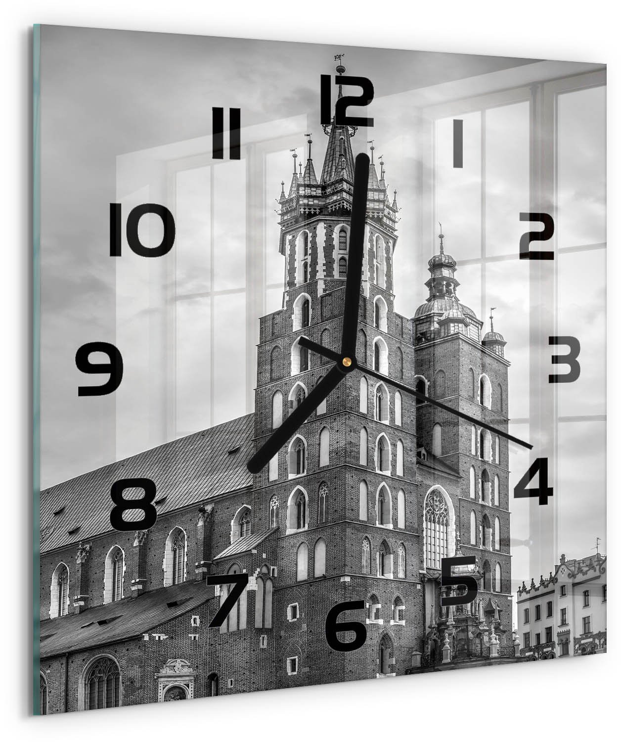 Tulup Wandklok - Krakau, Polen Moderne Wandklok Glas - 30x30 cm - Zwart-wit Wandklok Glas Decoratie - Zwarte handen - Vierkante Klok - Glazen Wandklok Design - Klok Glas Met Opdruk