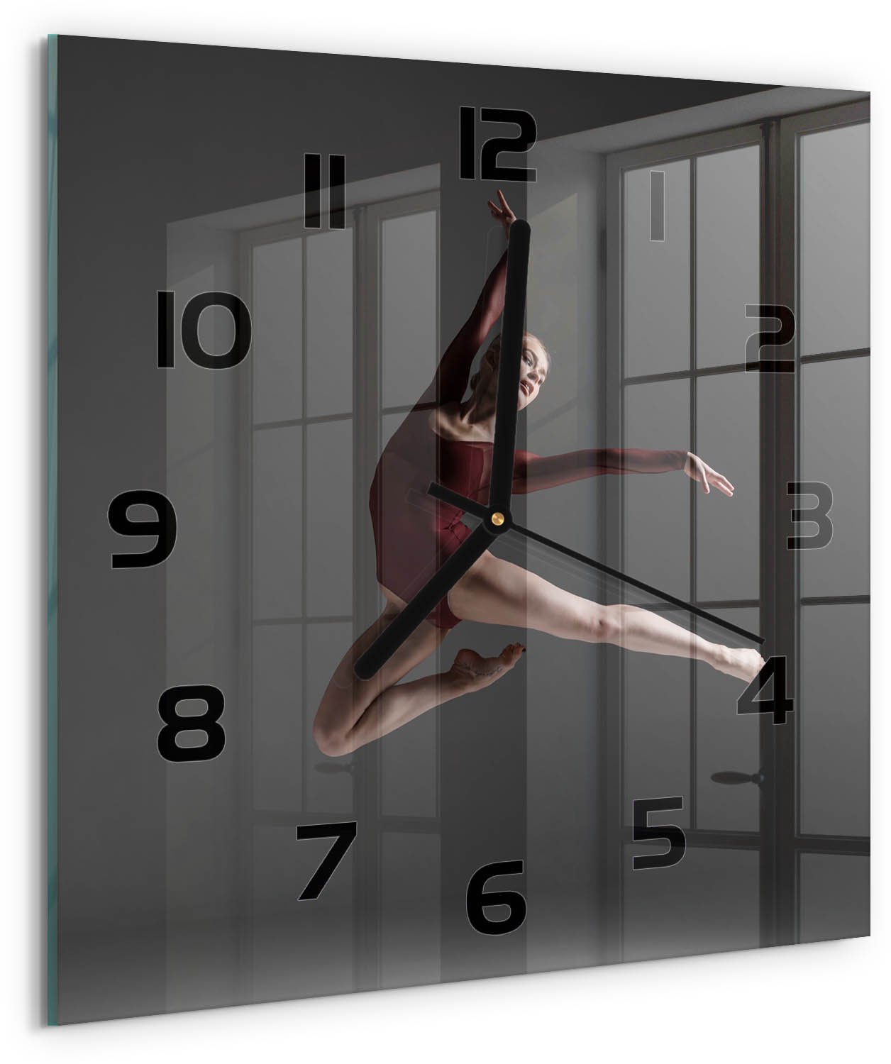 Tulup Wandklok - moderne dans Wandklok Glas Decoratie - 30x30 cm - Rood Gekleurde Glazen Klok - Zwarte handen - Vierkante Klok - Klok Glas Met Opdruk - Moderne Wandklok Glas