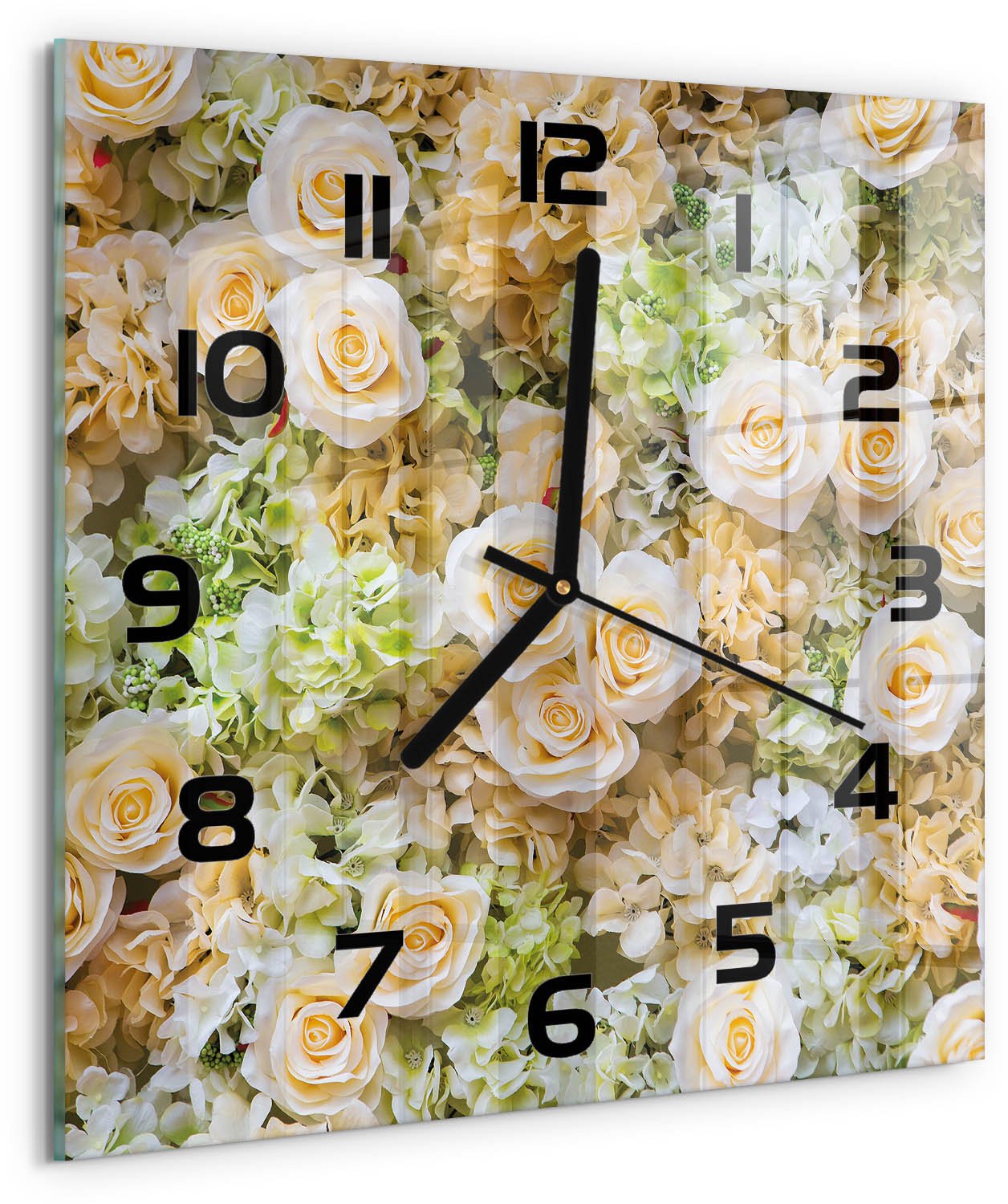 TULUP Wandklok - Rozen Glazen Klok Met Print - 30x30 cm - Beige Wandklok Glas Met Motief - Zwarte handen - Vierkante Klok - Wandklok Glas Decoratie - Gekleurde Glazen Klok