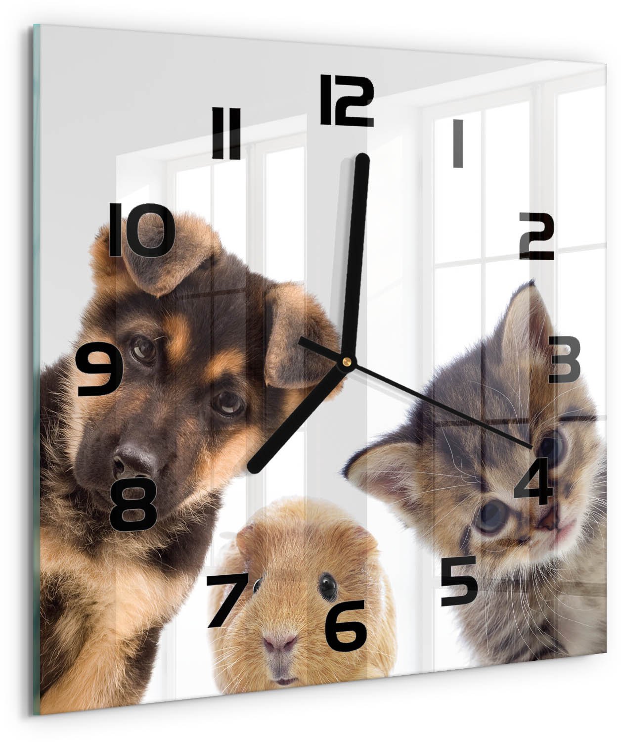 TULUP Wandklok - Huisdieren Wandklok Glas Decoratie - 30x30 cm - Bruin Gekleurde Glazen Klok - Zwarte handen - Vierkante Klok - Klok Glas Met Opdruk - Moderne Wandklok Glas