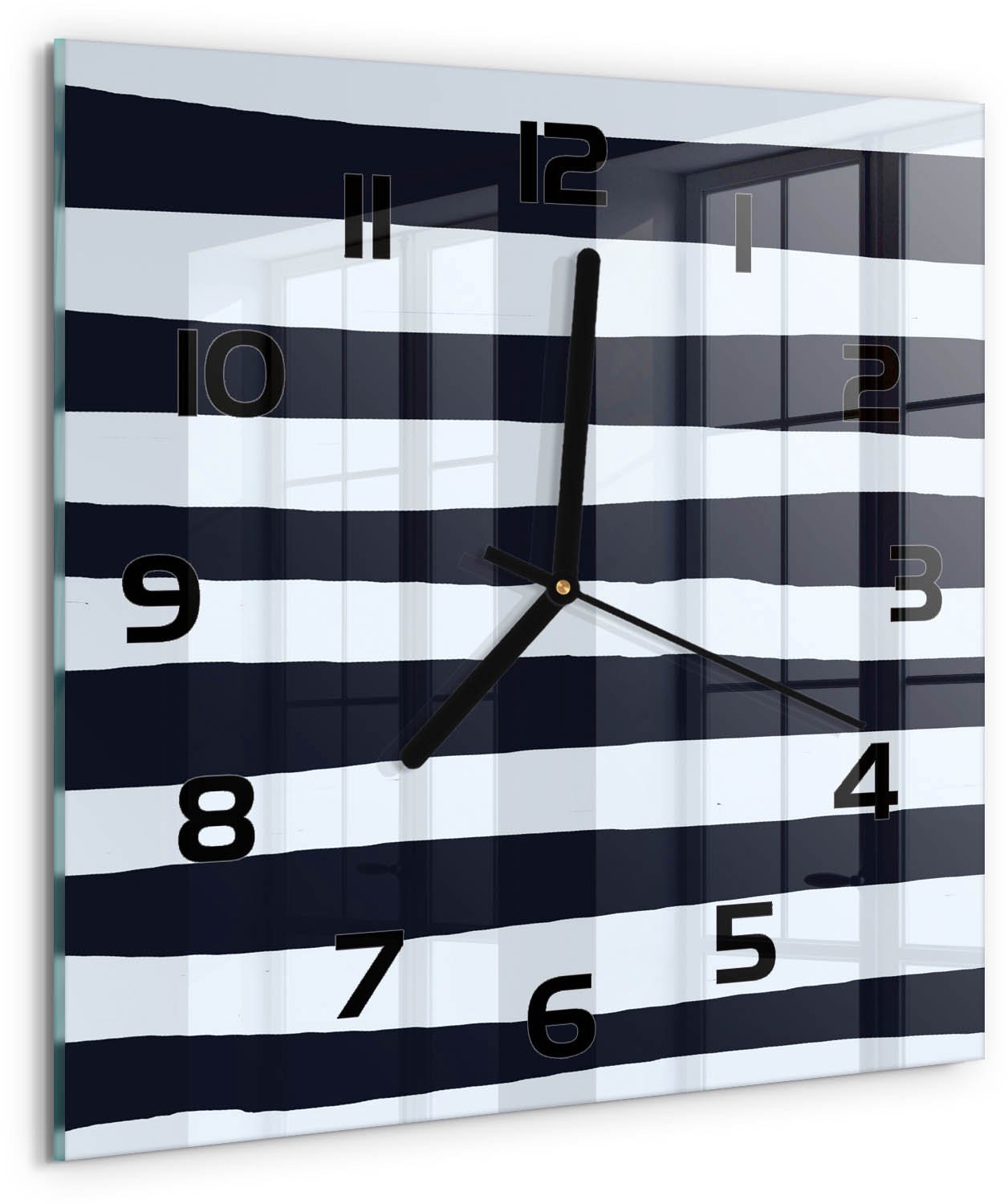 TULUP Wandklok - Gestreepte achtergrond Wandklok Glas Met Motief - 30x30 cm - Zwart-wit Decoratieve Glazen Klok - Zwarte handen - Vierkante Klok - Gekleurde Glazen Klok - Glazen Klok Met Print