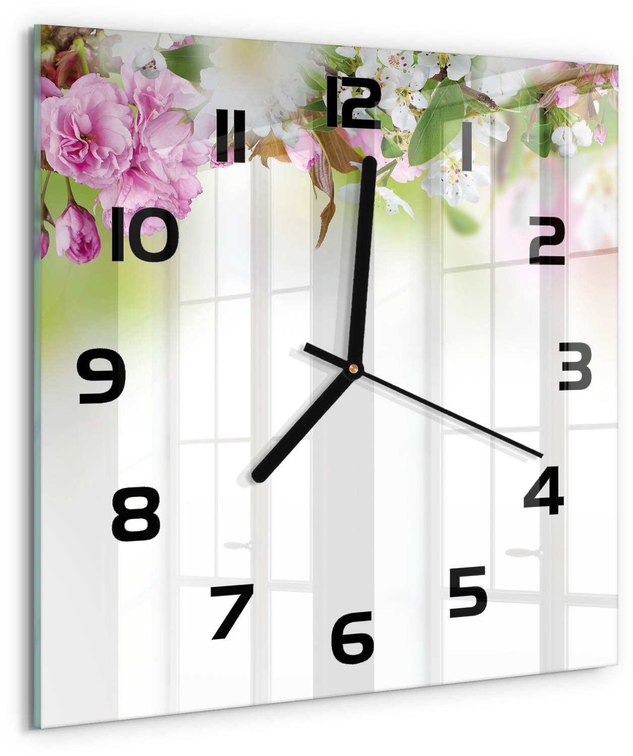 TULUP Wandklok - Lentebloemen Gekleurde Glazen Klok - 30x30 cm - Veelkleurig Glazen Klok Met Print - Zwarte handen - Vierkante Klok - Moderne Wandklok Glas - Wandklok Glas Decoratie
