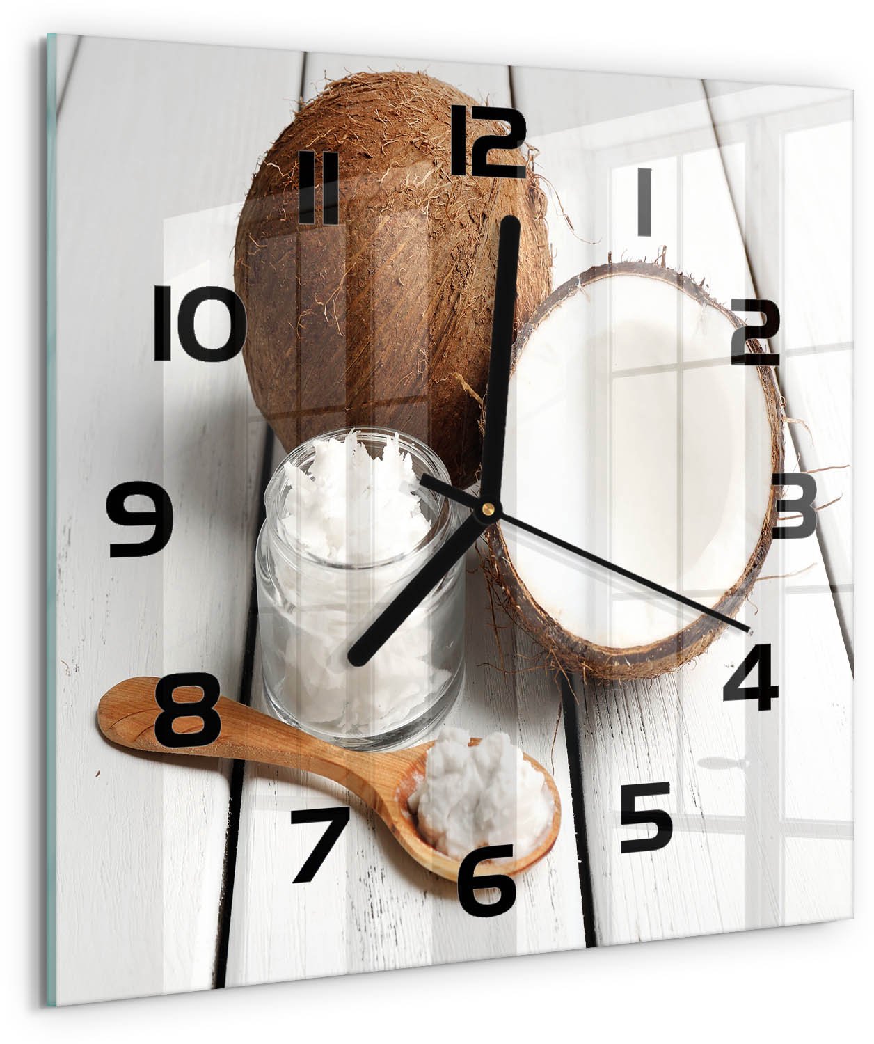 Tulup Wandklok - Kokosolie Wandklok Glas Decoratie - 30x30 cm - Bruin Gekleurde Glazen Klok - Zwarte handen - Vierkante Klok - Klok Glas Met Opdruk - Moderne Wandklok Glas