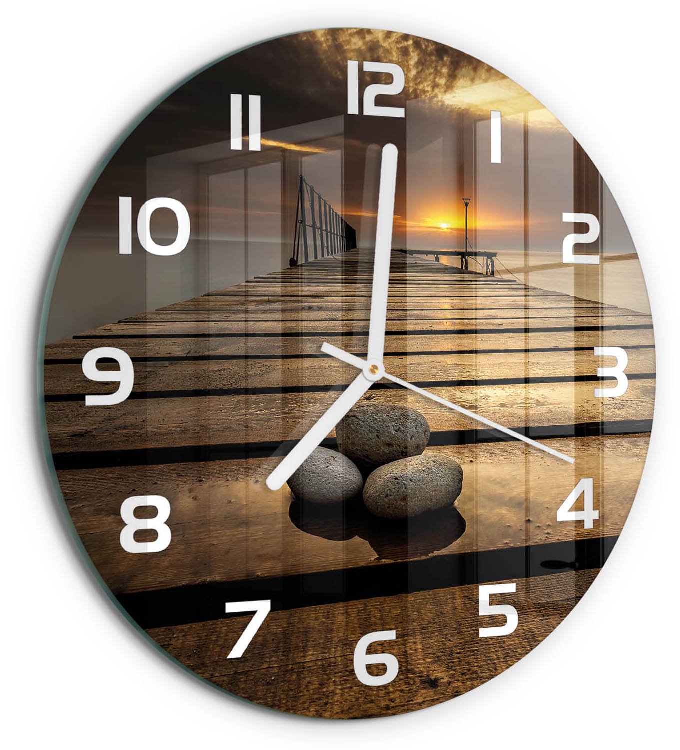 TULUP Wandklok - Houten brug Klok Glas Met Opdruk - fi30 cm - Bruin Moderne Wandklok Glas - Witte handen - Ronde Klok - Decoratieve Glazen Klok - Glazen Wandklok Design