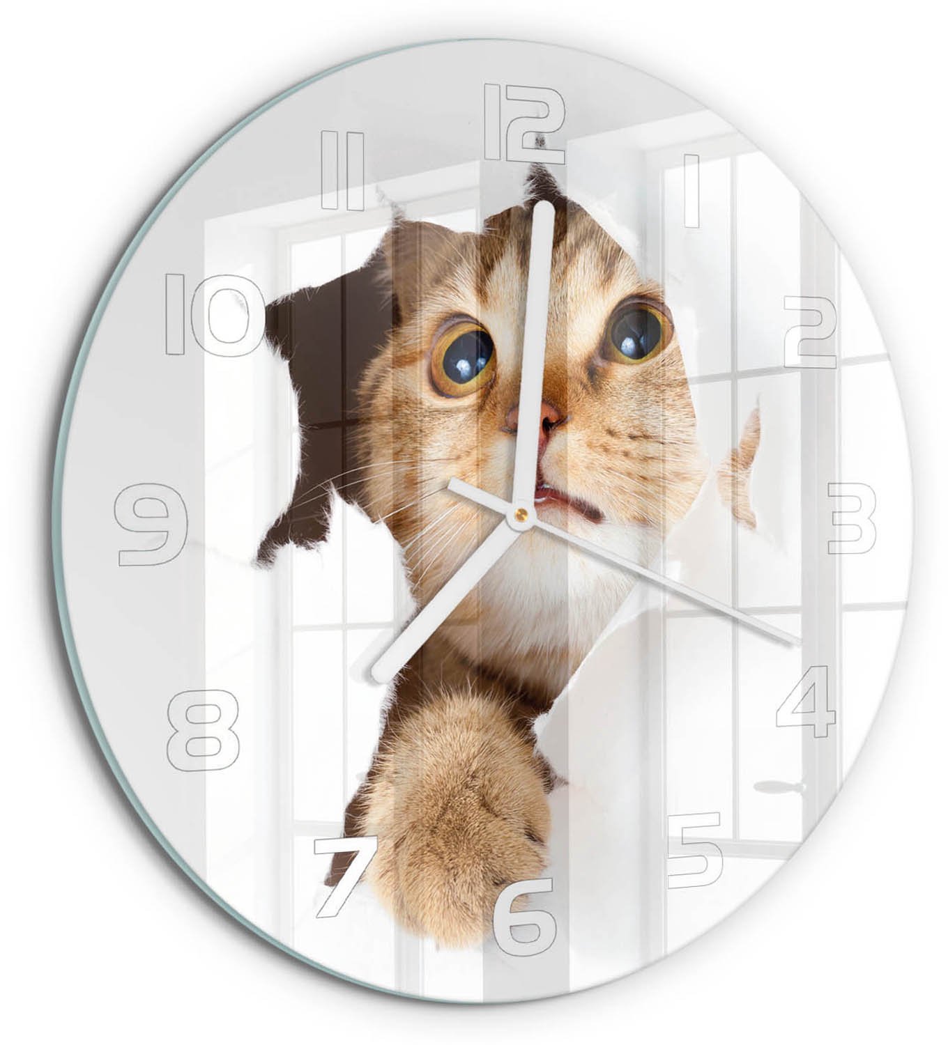 TULUP Wandklok - Kat in het gat Decoratieve Glazen Klok - fi30 cm - Beige Glazen Wandklok Design - Witte handen - Ronde Klok - Glazen Klok Met Print - Wandklok Glas Met Motief