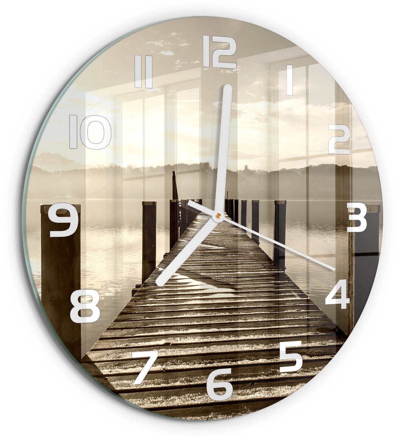 TULUP Wandklok - Houten brug Wandklok Glas Met Motief - fi30 cm - Bruin Decoratieve Glazen Klok - Witte handen - Ronde Klok - Gekleurde Glazen Klok - Glazen Klok Met Print