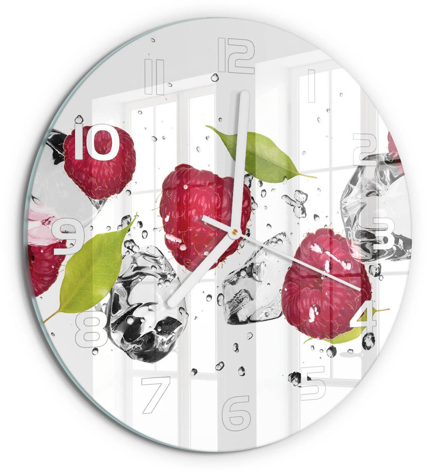 TULUP Wandklok - Framboos en water Glazen Klok Met Print - fi30 cm - Roze Wandklok Glas Met Motief - Witte handen - Ronde Klok - Wandklok Glas Decoratie - Gekleurde Glazen Klok