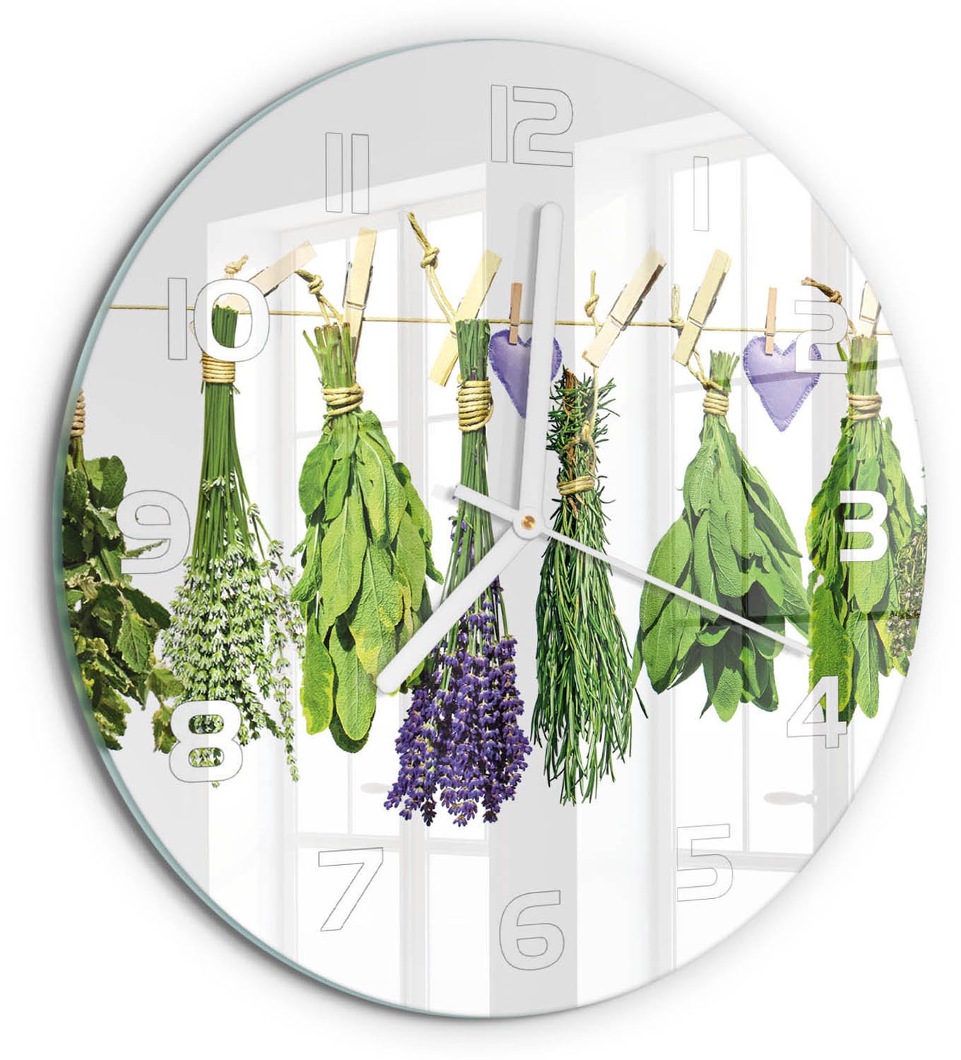 TULUP Wandklok - Kruiden aan een touwtje Klok Glas Met Opdruk - fi30 cm - Groente Moderne Wandklok Glas - Witte handen - Ronde Klok - Decoratieve Glazen Klok - Glazen Wandklok Design