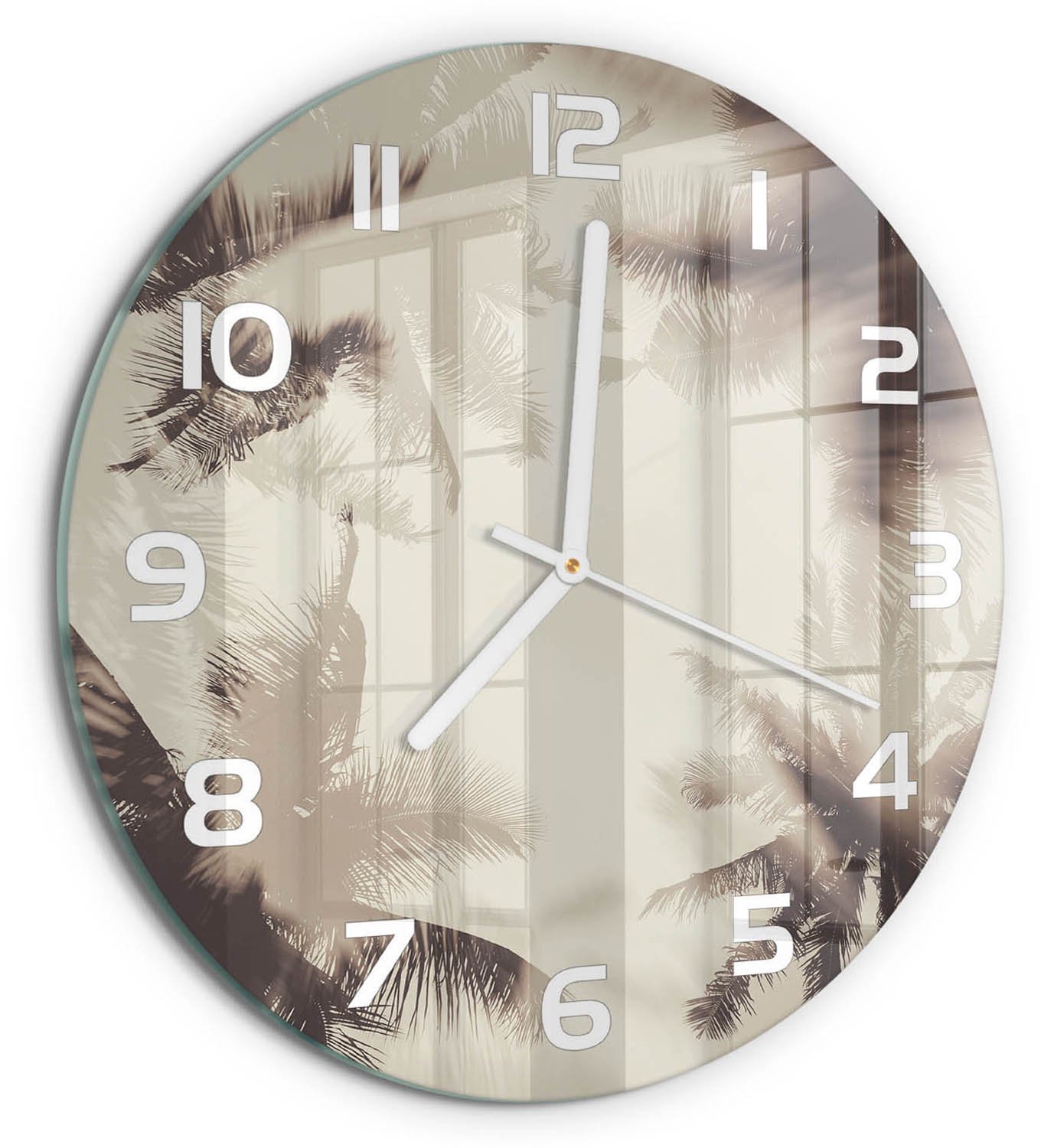 TULUP Wandklok - Palmbomen Glazen Wandklok Design - fi30 cm - Beige Klok Glas Met Opdruk - Witte handen - Ronde Klok - Wandklok Glas Met Motief - Decoratieve Glazen Klok
