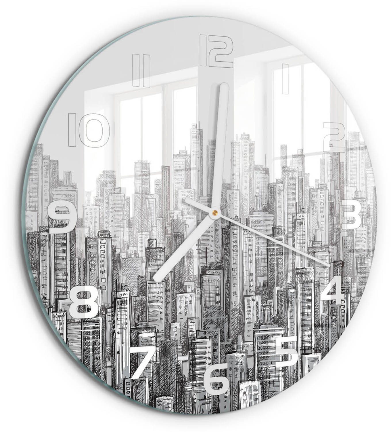 TULUP Wandklok - Wolkenkrabber Decoratieve Glazen Klok - fi30 cm - Grijs Glazen Wandklok Design - Witte handen - Ronde Klok - Glazen Klok Met Print - Wandklok Glas Met Motief