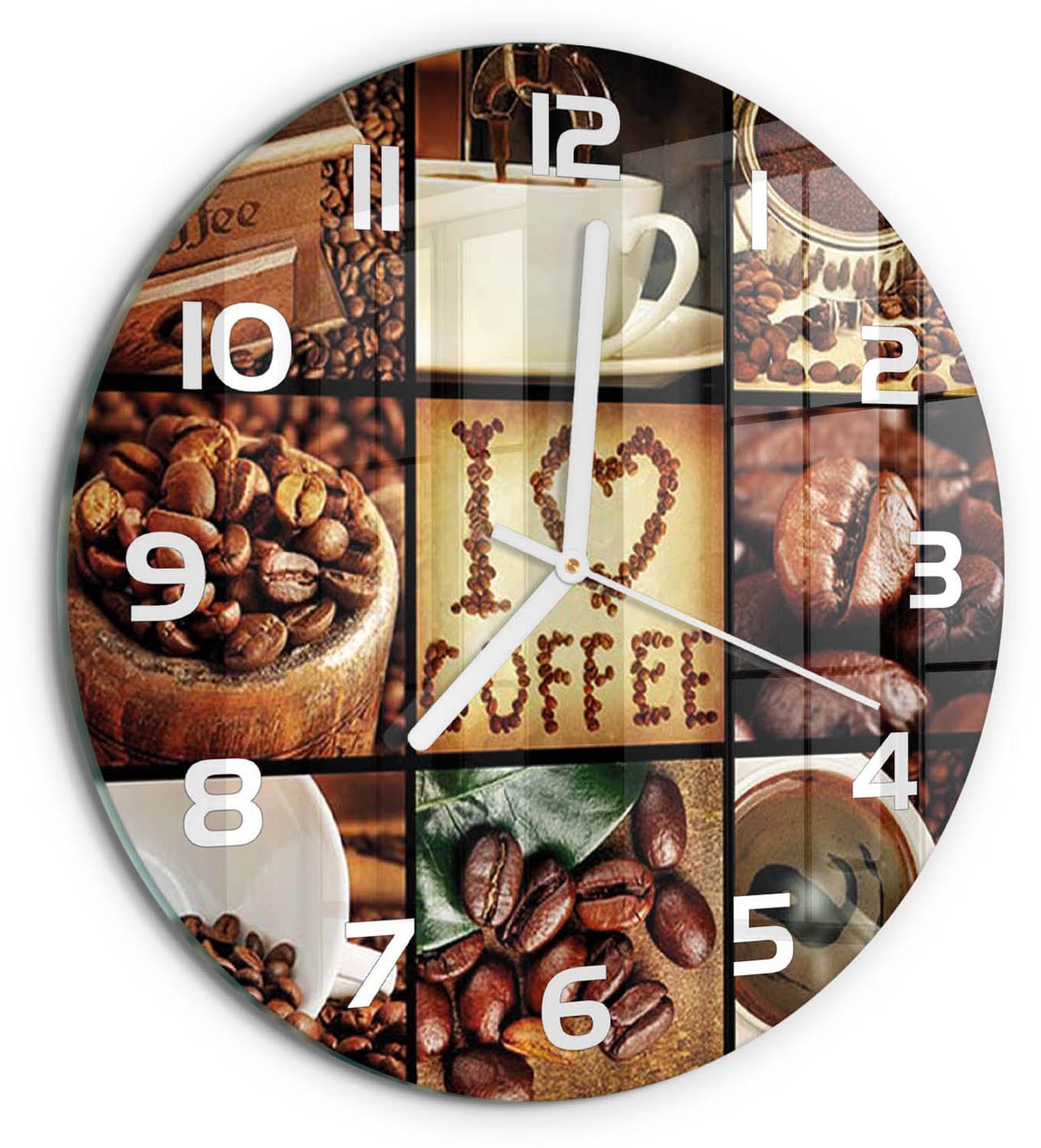 TULUP Wandklok - Koffiecollage Glazen Klok Met Print - fi30 cm - Bruin Wandklok Glas Met Motief - Witte handen - Ronde Klok - Wandklok Glas Decoratie - Gekleurde Glazen Klok