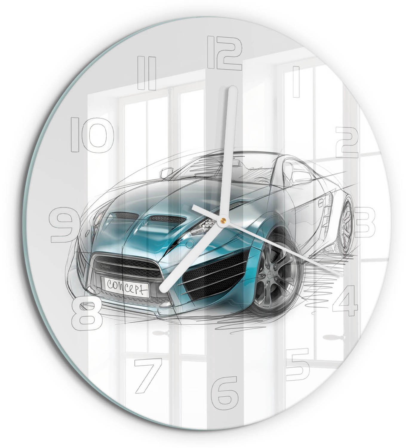 TULUP Wandklok - Autoschets Moderne Wandklok Glas - fi30 cm - Blauw Wandklok Glas Decoratie - Witte handen - Ronde Klok - Glazen Wandklok Design - Klok Glas Met Opdruk