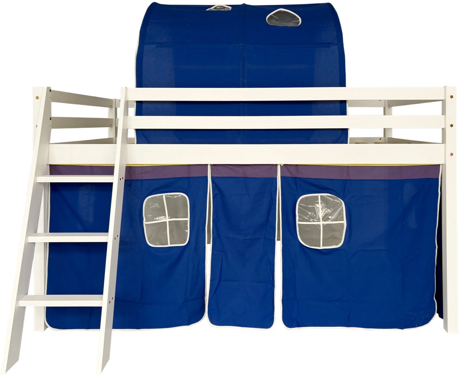 FANGDE hoogslaper met tent 90×190 cm Kinderbed (zonder matras), ruimte thema, wit grenenhout met katoenen tent, speelbed met veiligheidshekje en ladder