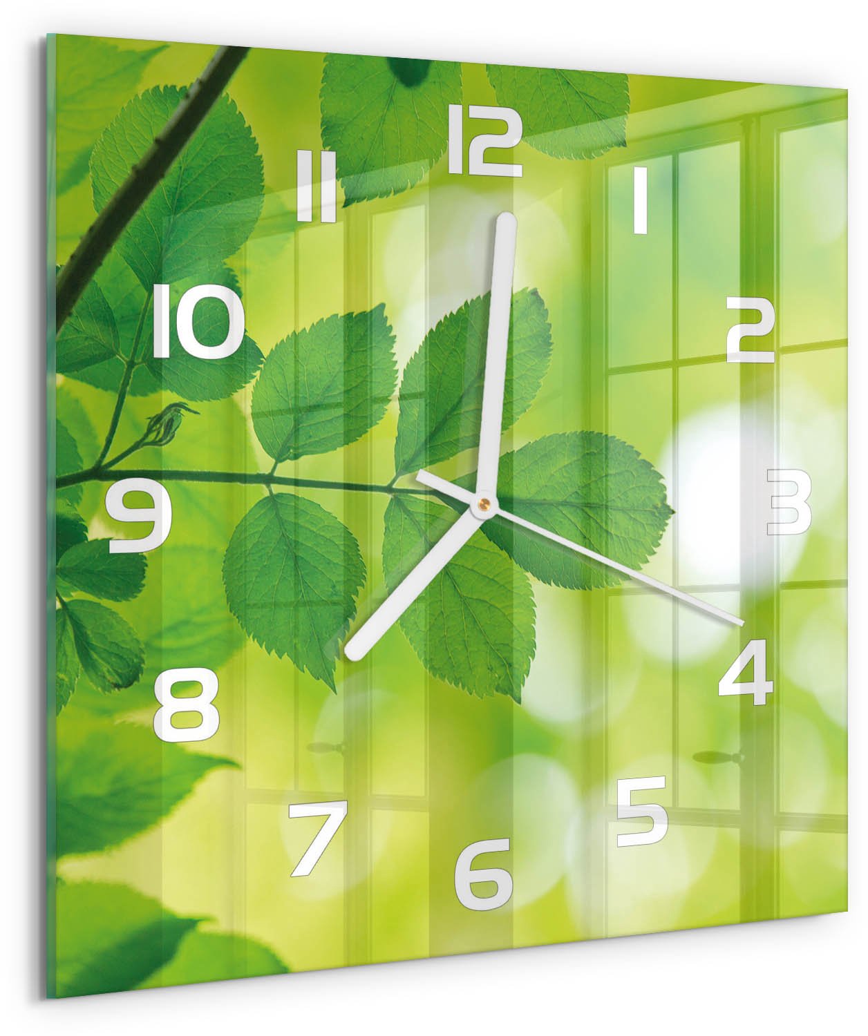 Tulup Wandklok - Groene bladeren Glazen Wandklok Design - 30x30 cm - Groente Klok Glas Met Opdruk - Witte handen - Vierkante Klok - Wandklok Glas Met Motief - Decoratieve Glazen Klok
