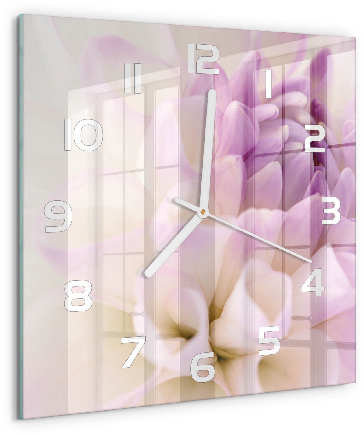 Tulup Wandklok - Witte dahlia Moderne Wandklok Glas - 30x30 cm - Paars Wandklok Glas Decoratie - Witte handen - Vierkante Klok - Glazen Wandklok Design - Klok Glas Met Opdruk