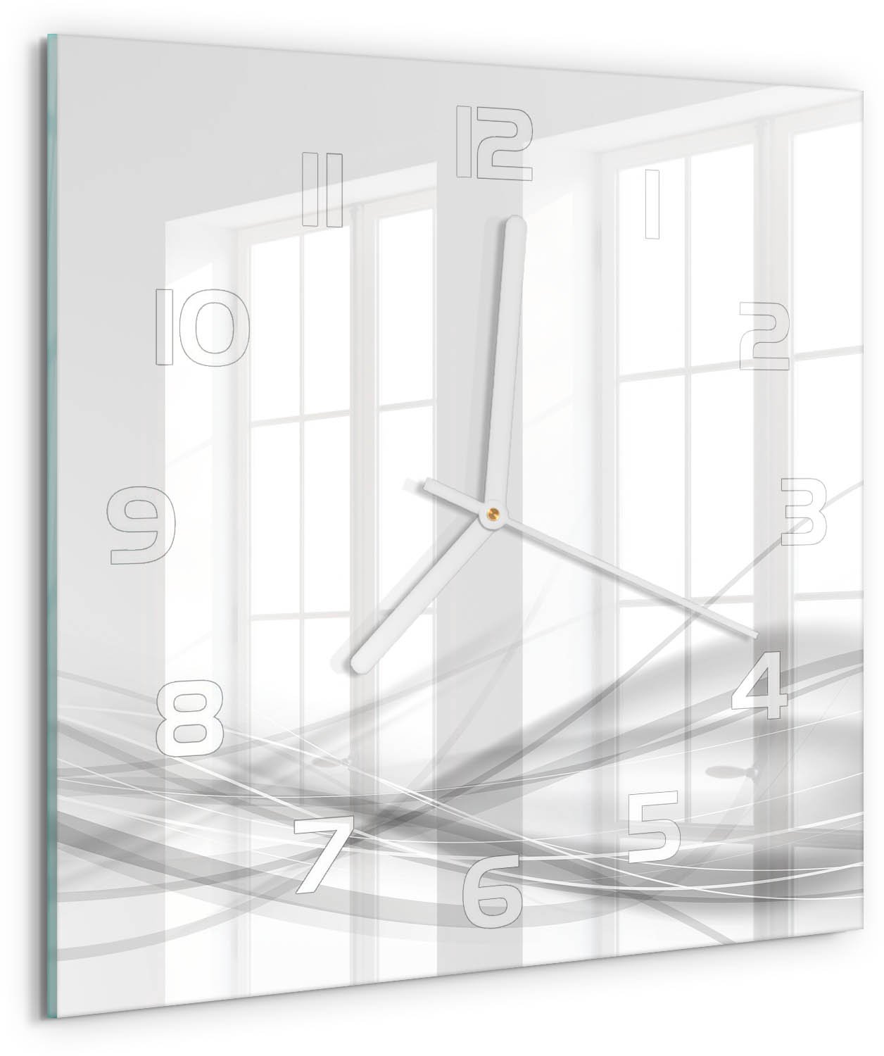 Tulup Wandklok - Golfabstractie Glazen Klok Met Print - 30x30 cm - Wit Wandklok Glas Met Motief - Witte handen - Vierkante Klok - Wandklok Glas Decoratie - Gekleurde Glazen Klok