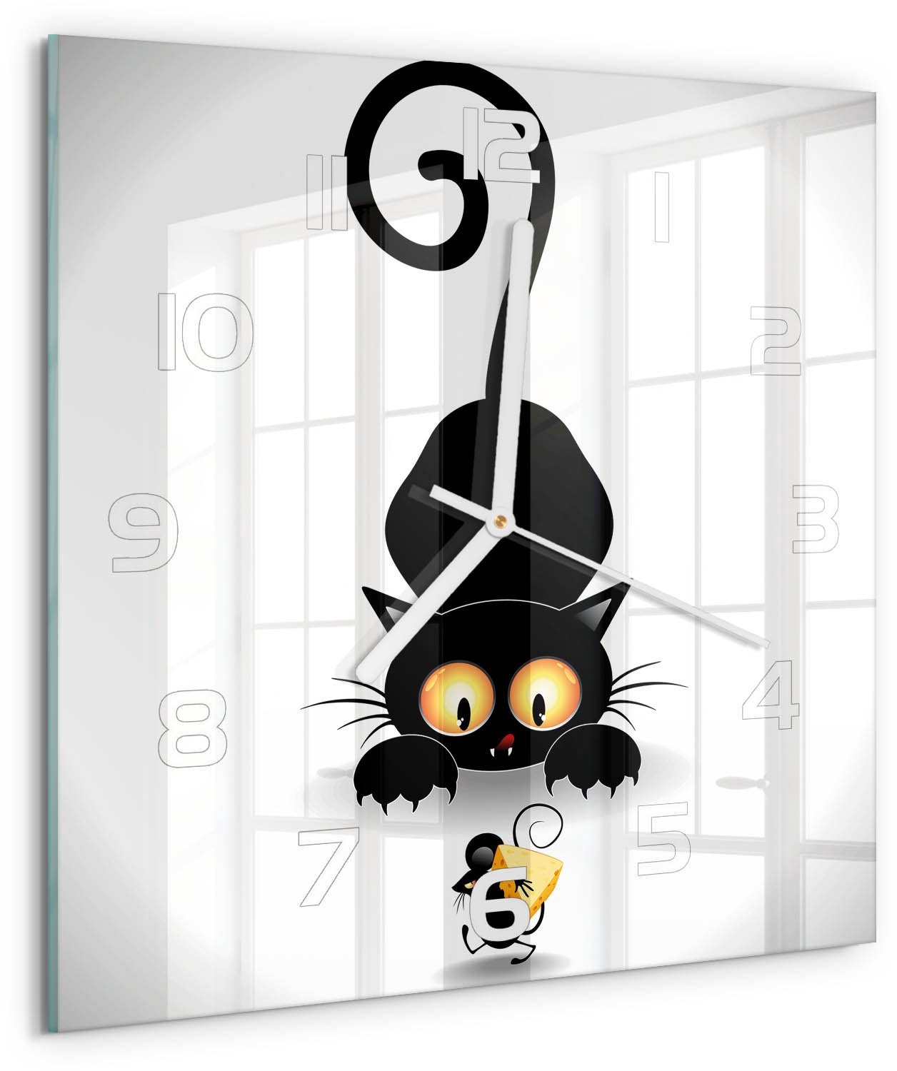 Tulup Wandklok - Kat en muis Klok Glas Met Opdruk - 30x30 cm - Zwart Moderne Wandklok Glas - Witte handen - Vierkante Klok - Decoratieve Glazen Klok - Glazen Wandklok Design