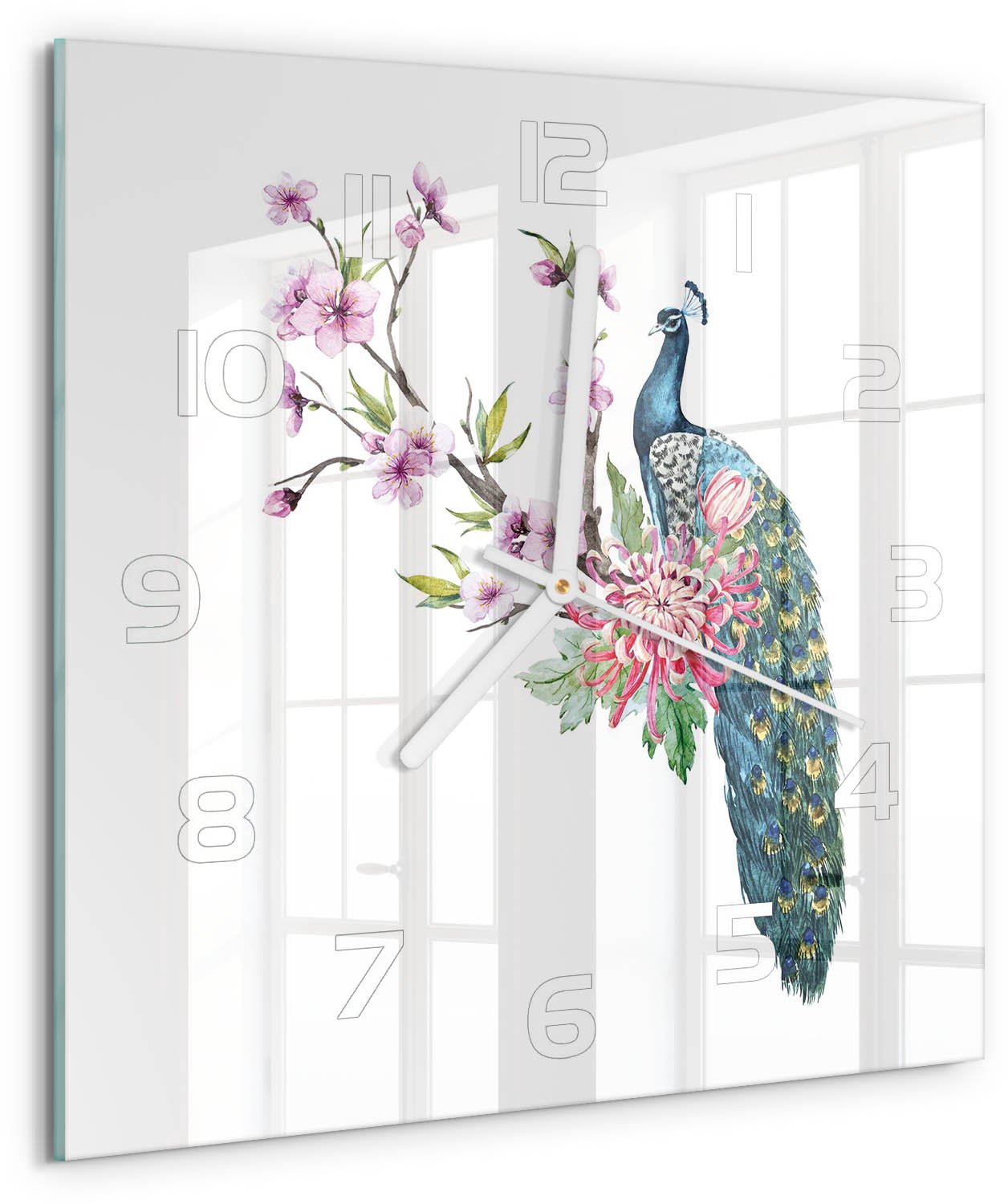 Tulup Wandklok - Pauw en bloemen Glazen Klok Met Print - 30x30 cm - Veelkleurig Wandklok Glas Met Motief - Witte handen - Vierkante Klok - Wandklok Glas Decoratie - Gekleurde Glazen Klok