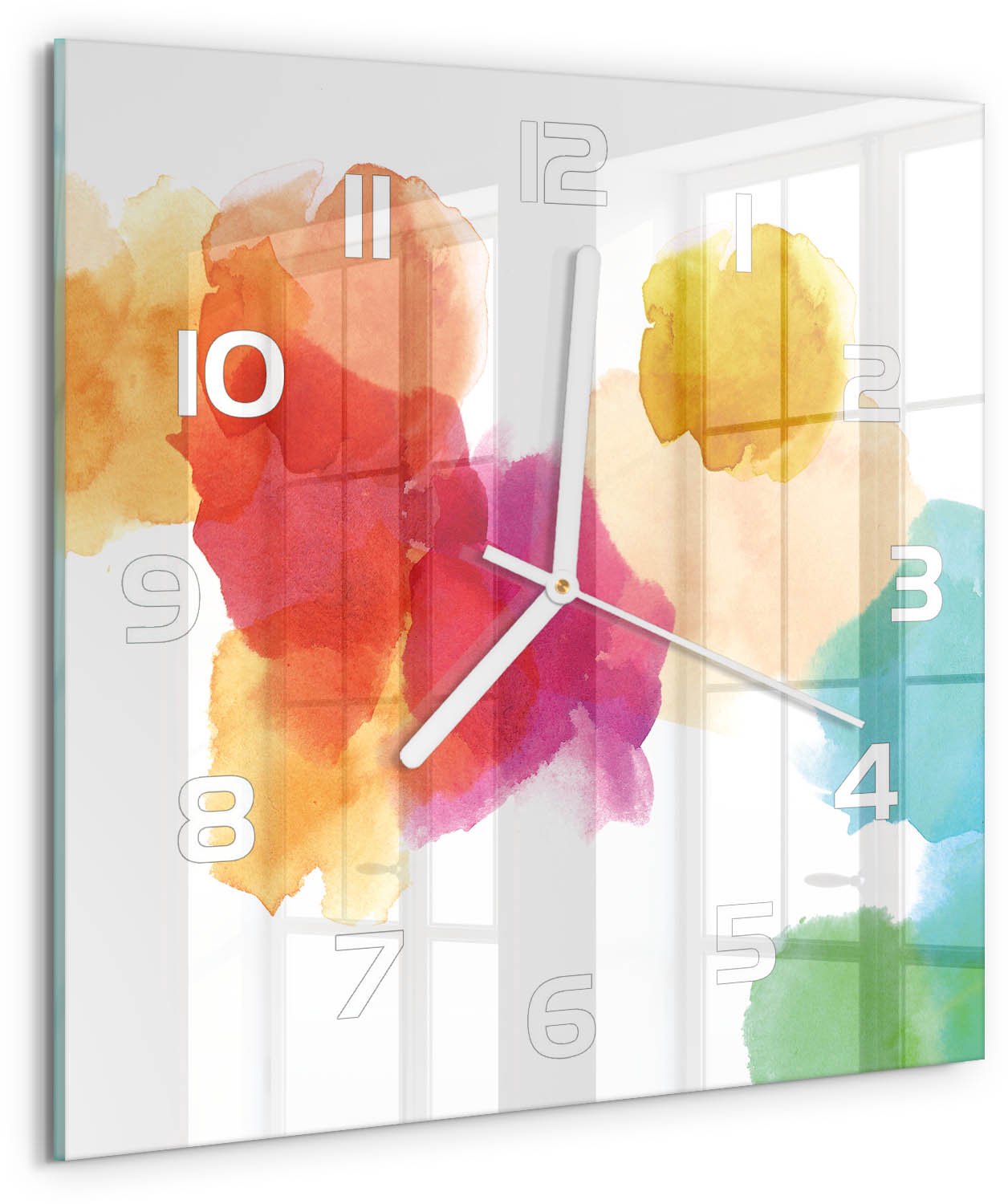 Tulup Wandklok - Kleurrijke vlekken Decoratieve Glazen Klok - 30x30 cm - Veelkleurig Glazen Wandklok Design - Witte handen - Vierkante Klok - Glazen Klok Met Print - Wandklok Glas Met Motief