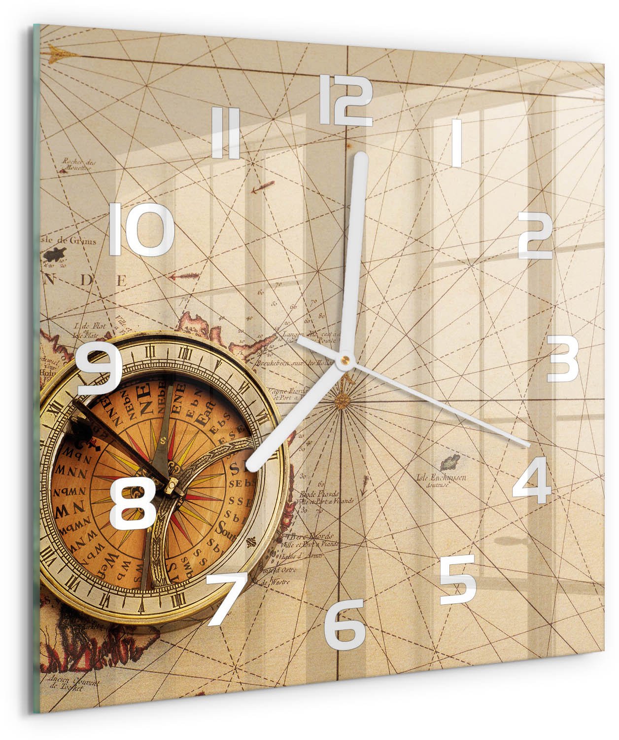 Tulup Wandklok - Kompas op de kaart Decoratieve Glazen Klok - 30x30 cm - Beige Glazen Wandklok Design - Witte handen - Vierkante Klok - Glazen Klok Met Print - Wandklok Glas Met Motief