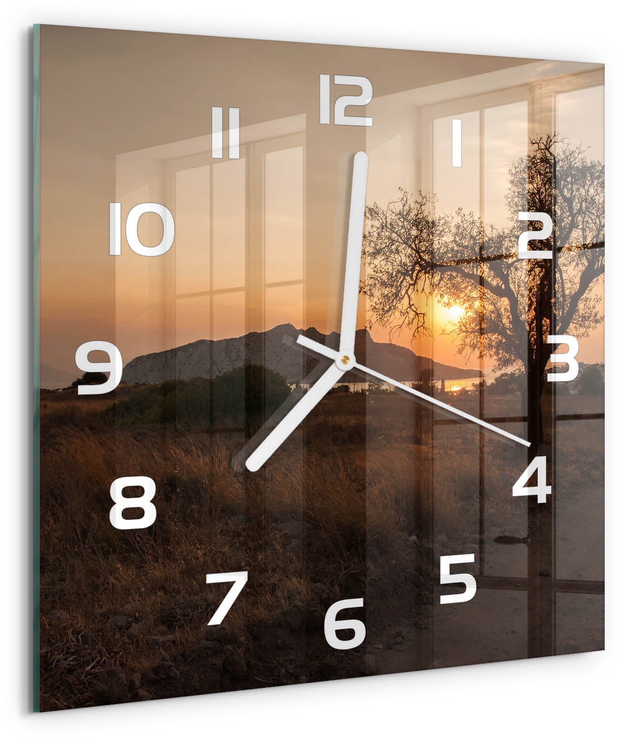 Tulup Wandklok - Zonsondergang Wandklok Glas Decoratie - 30x30 cm - Bruin Gekleurde Glazen Klok - Witte handen - Vierkante Klok - Klok Glas Met Opdruk - Moderne Wandklok Glas