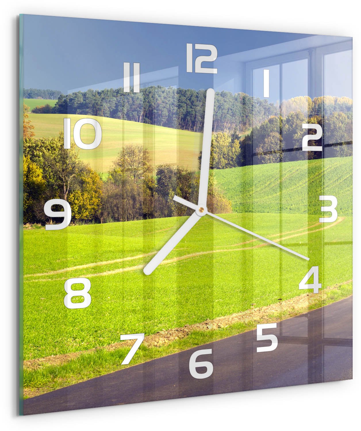 Tulup Wandklok - Onverharde weg Klok Glas Met Opdruk - 30x30 cm - Groente Moderne Wandklok Glas - Witte handen - Vierkante Klok - Decoratieve Glazen Klok - Glazen Wandklok Design
