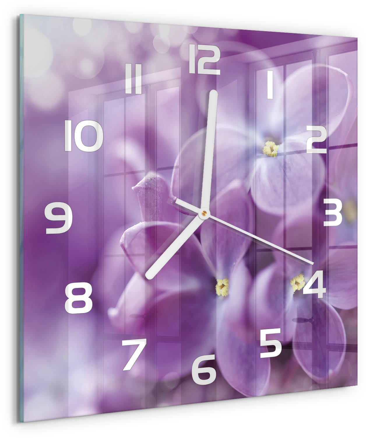Tulup Wandklok - Paarse bloemen Wandklok Glas Decoratie - 30x30 cm - Paars Gekleurde Glazen Klok - Witte handen - Vierkante Klok - Klok Glas Met Opdruk - Moderne Wandklok Glas