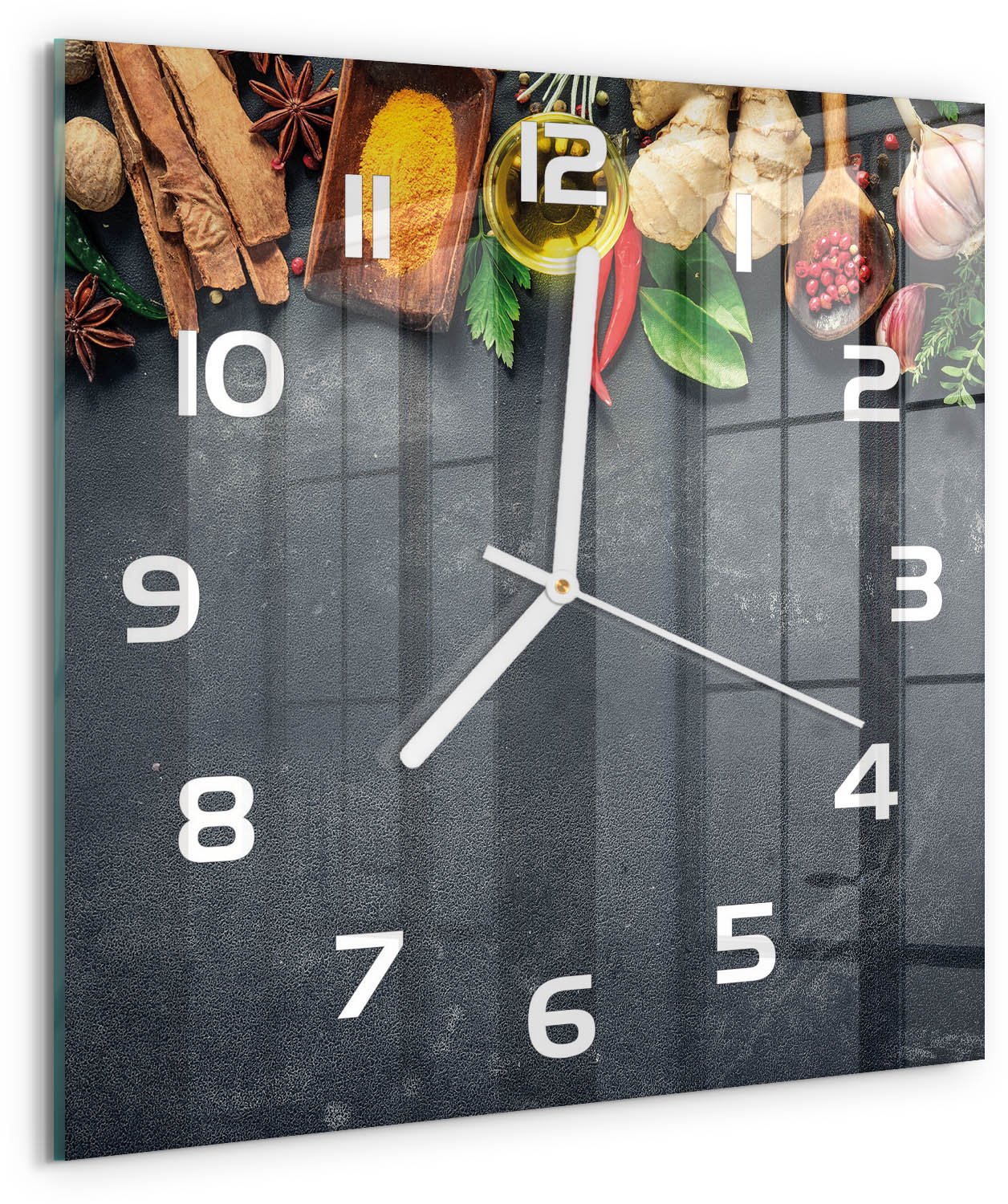 Tulup Wandklok - Kruiden en specerijen Gekleurde Glazen Klok - 30x30 cm - Veelkleurig Glazen Klok Met Print - Witte handen - Vierkante Klok - Moderne Wandklok Glas - Wandklok Glas Decoratie