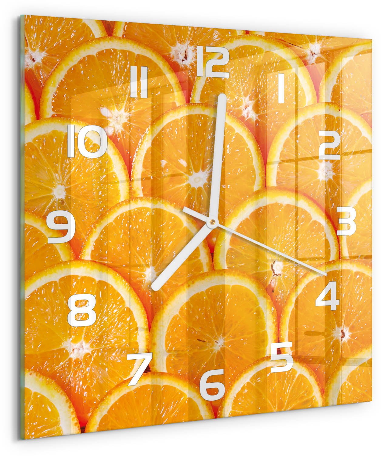 Tulup Wandklok - Sinaasappelschijfjes Glazen Wandklok Design - 30x30 cm - Oranje Klok Glas Met Opdruk - Witte handen - Vierkante Klok - Wandklok Glas Met Motief - Decoratieve Glazen Klok