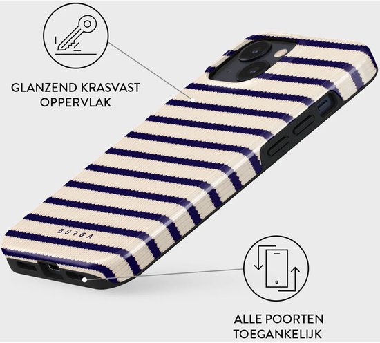 iPhone 13 hoesje met marineblauwe strepen, glanzend krasvast oppervlak en gemakkelijke toegang tot poorten.