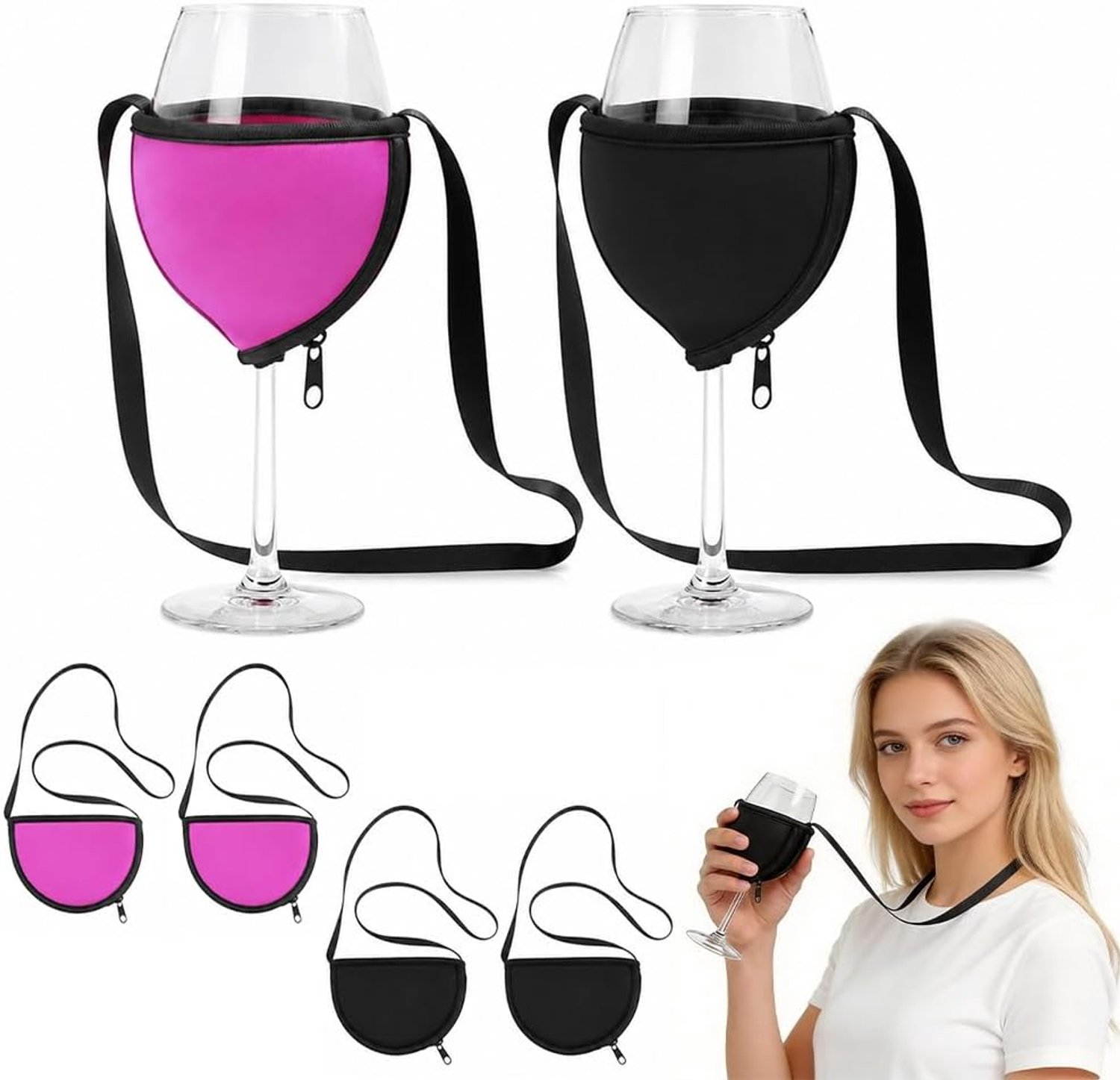 Draagbare wijnglashouders 6 stuks - verstelbaar - magenta en zwart - ideaal voor feestjes - ShopVlot